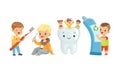 Little Kids Taking Care of Tooth Purity Brushing it With Toothbrush Vector Illustration