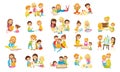 Little Kids Together with Parents Engaged in Hobby and Leisure Activity Vector Big Set Royalty Free Stock Photo