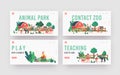 Little Kids Visit Contact Zoo Landing Page Template Set. Children Feeding Animals, Characters Petting Domestic Llama