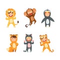 Little Kids Wearing Animal Costume Waving Hand and Having Fun Vector Set Royalty Free Stock Photo