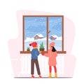 Little Kids in Winter Clothes Looking on First Snow through Home Window. Children Girl and Boy Characters