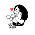 Little kind girl hugs the chicken. Go vegan. Vector illustration about friendship between people and animals. Nature