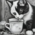A little kitten drinks milk from a mug