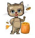 Little Kitten eating honey from wooden barrel. Young cheerful beekeeper. Funny childish illustrations for print