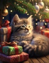 A little kitten guarding the Christmas presents