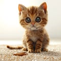 A little kitten made a puddle on the carpet and looks guilty. Teaching pets about hygiene and toileting. Royalty Free Stock Photo