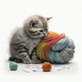 Little kitten playing with a ball of wool