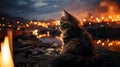 A little kitten sits alone on the background of a ruined city