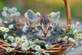 Little kitten sitting in the basket with flowers Royalty Free Stock Photo