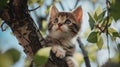 little kittens nestled on a tree, mimicking leaves against the backdrop of the sky in spring.