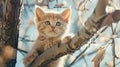 little kittens nestled on a tree, mimicking leaves against the backdrop of the sky in spring.