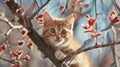 little kittens nestled on a tree, mimicking leaves against the backdrop of the sky in spring.