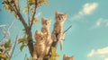 little kittens nestled on a tree, mimicking leaves against the backdrop of the sky in spring.