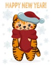 A cute tiger cub dressed like Santa, a little red kitty wearing a hat and a scarf, Happy new year