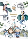 The little knight and cute princess with castle, flying green dragon. Kid set Adventure Hand drawn watercolor isolated