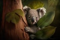 Little koala, peeking out from behind large eucalyptus leaf