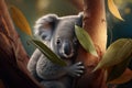 Little koala, peeking out from behind large eucalyptus leaf