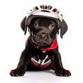 little labrador puppy in a bicycle helmet