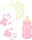 Little lady baby shower related items collection. Newborn set. Baby girl elements, handprint, baby nursing bottle Royalty Free Stock Photo