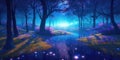 Little lake in enchanted forest at night lit by moonlight with mysterious flowers in bloom and twinkling fireflies. Generative AI