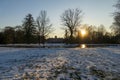 little lake Favorite Foerch Palace with snow at sunset, in winter time Royalty Free Stock Photo