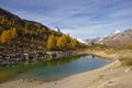Little lake gruensee with yellow and orange colored Larch forest in autumn in Zermatt. Matterhorn peeking over hill Royalty Free Stock Photo