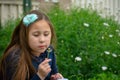 Little latina girl in garden contemplating dandelion