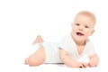 Little laughing crawling baby on white