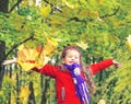 Little laughing pretty girl in red coat throws yellow leaves in autumn park Royalty Free Stock Photo