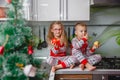 Little laughing twins sit on the table in pajamas in the Christmas decorated kitchen with an Apple. Girl with glasses Royalty Free Stock Photo