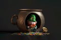 little leprechaun peeks out of the pot with rainbow coins Saint Patricks day concept Royalty Free Stock Photo