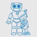 Little linear girl with domestic educational robot