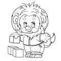 Little lion cub dressed in clothes plays with cubes, outline drawing, isolated object on a white background,