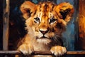 Little Lion cub locked in cage. Skinny lonely lion in cramped jail behind bars, sad look. Style of oil painting. Concept Royalty Free Stock Photo