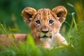 Little lion cub resting on green pasture grass on summer. Wildlife Animals. Illustration. Generative AI Royalty Free Stock Photo