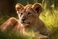 Little lion cub resting on green pasture grass on summer. Wildlife Animals. Illustration. Generative AI Royalty Free Stock Photo