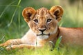 Little lion cub resting on green pasture grass on summer. Animals. Illustration. Generative AI Royalty Free Stock Photo