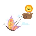 Little Lion Flying in Basket with Butterfly, Funny Adorable Animal in Transport Vector Illustration