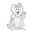 The little lion king in the crown and fur cape. Cute animal waving paw. Hand-drawn russian lubok. Fairystory doodle