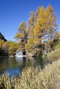 Little log cabin by Palpuogna Lake Royalty Free Stock Photo