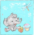 Little lovely elephant birthday with dragonfly and cake for prints cards t-shirts baby shower invitation