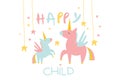 Little lovely unicorn and his mom surrounded by stars. Happy child. Fairy tale creatures with one horn, wings and