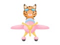 Little lynx wearing aviator goggles flying an airplane. Funny baby character flying on plane for greeting card, baby shower,