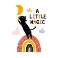 A little magic print with a cute black cat standing on rainbow and catching the star Royalty Free Stock Photo