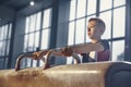 Little male gymnast training in gym, flexible and active Royalty Free Stock Photo