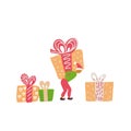 Little man carry gift huge boxes. Concept of a small character. Holiday delivery. Santa helper. Vector hand drawn doodle flat Royalty Free Stock Photo