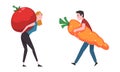 Little Man and Woman Carrying Huge Carrot and Tomato Vector Set