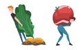 Little Man and Woman Carrying Huge Tomato and Pulling Turnip Out of Ground Vector Set