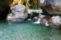 Little marvellous refreshing waterfalls among the rocks of mountain creek Royalty Free Stock Photo
