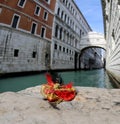 Little mask during the venetian carnival and the bridge of sigh